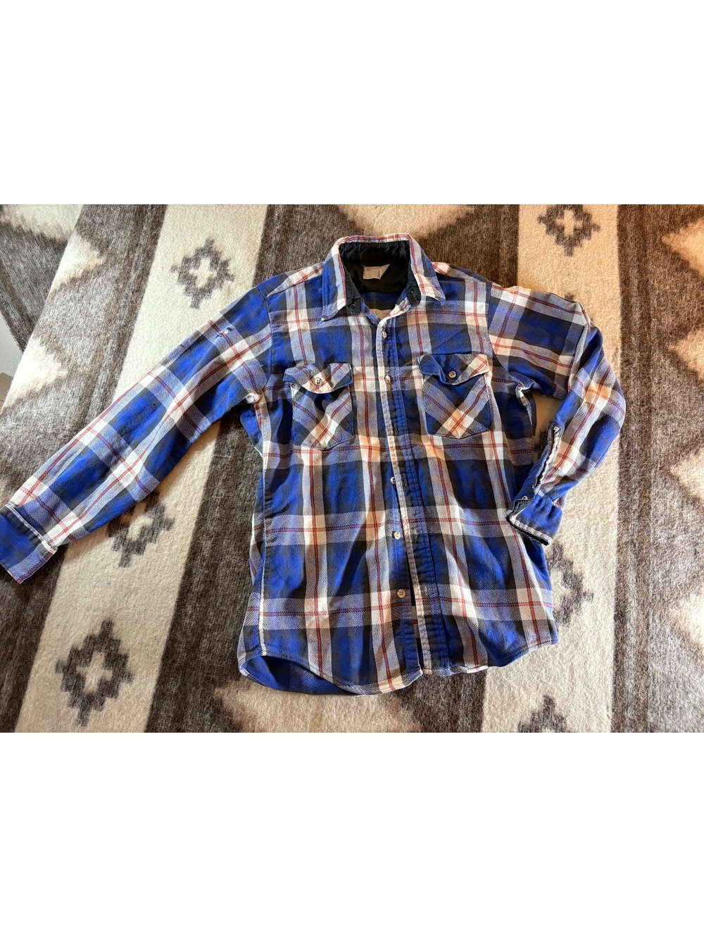 Vtg Key Imperial Plaid Flannel Shirt Mens M 15.5 Made n USA Cotton Workwear Blue